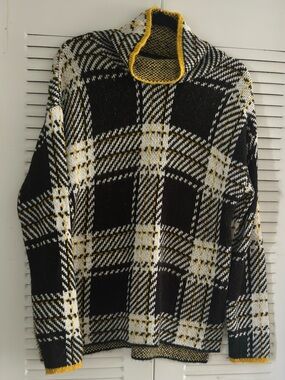 Dkny Black, White & Yellow Plaid Turtleneck Sweater